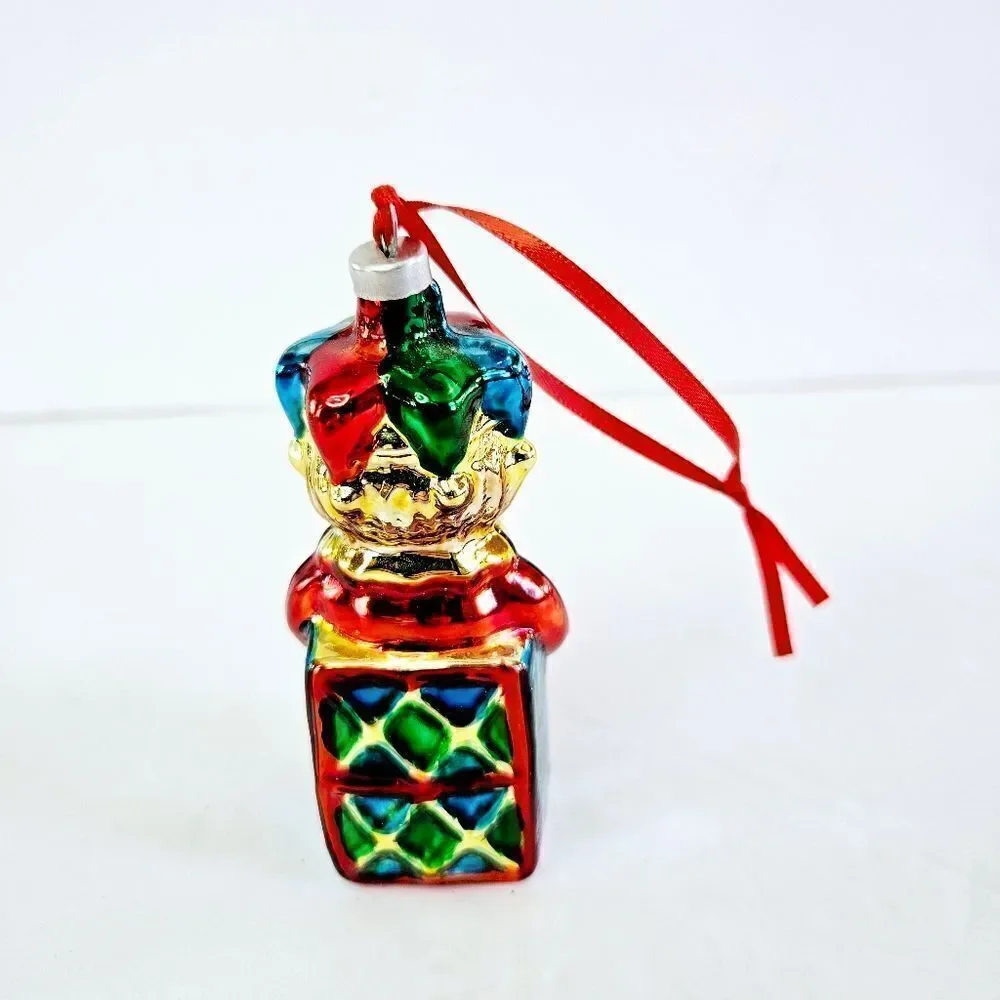 Vintage Blown Glass Clown Jack-In-The-Box Hand Painted Christmas Tree Ornament
